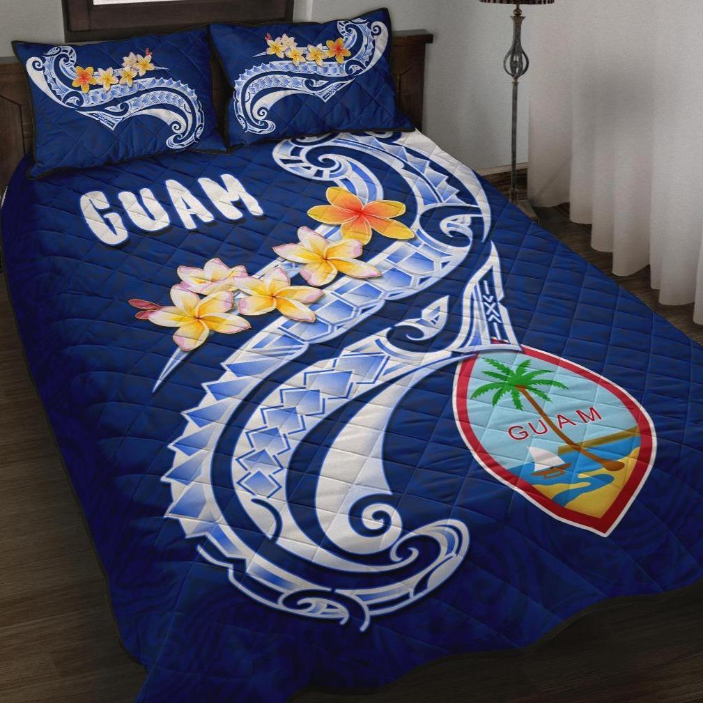 Guam Quilt Bed Set Guam Seal Polynesian Patterns Plumeria (Blue)