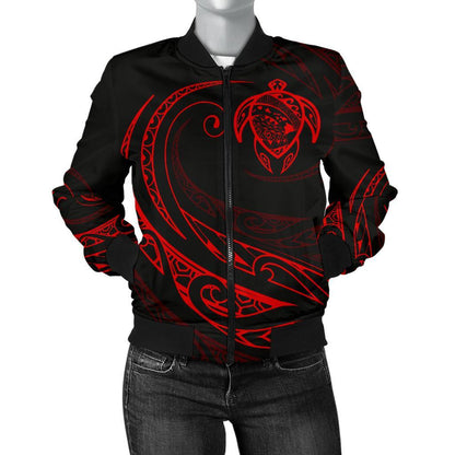 Hawaii Turtle Map Polynesian Women's Bomber Jacket Red Frida Style