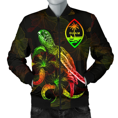 Guam Polynesian Men's Bomber Jacket Turtle With Blooming Hibiscus Reggae