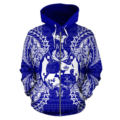Tonga Polynesian All Over Zip Up Hoodie Map Blue