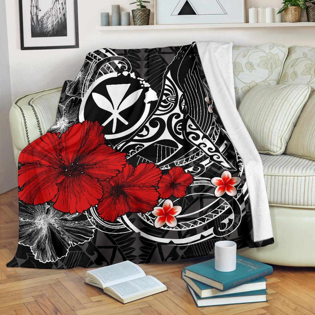 Polynesian Hawaii Kanaka Maoli Premium Blanket Humpback Whale with Hibiscus White