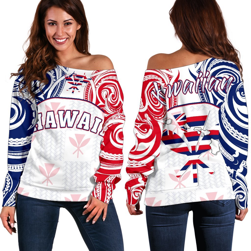 Hawaiian Kanaka Women's Off Shoulder Sweater Flag Nation Demodern White AH
