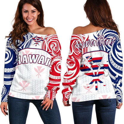 Hawaiian Kanaka Women's Off Shoulder Sweater Flag Nation Demodern White AH