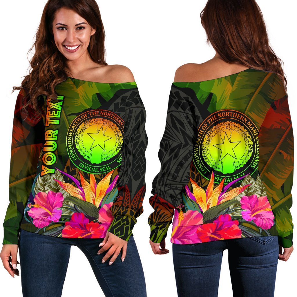 Northern Mariana Islands Personalised Women's Off Shoulder Sweater Hibiscus and Banana Leaves