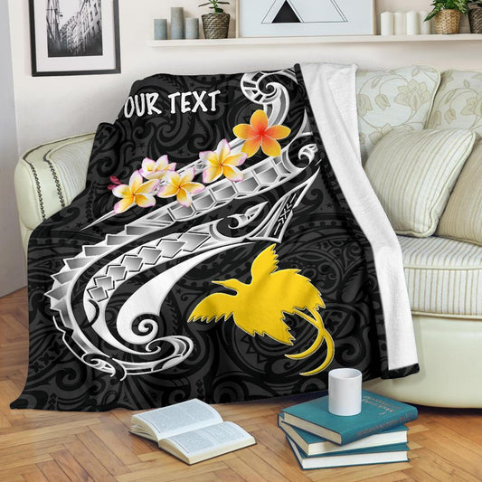 Papua New Guinea Custom Personalised Premium Blanket PNG Seal Polynesian Patterns Plumeria Black