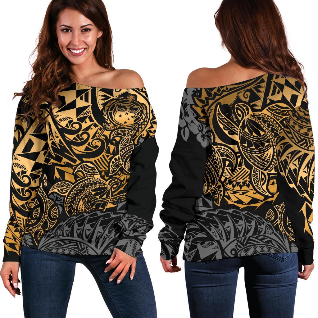 Samoa Polynesian Off Shoulder Sweater (Women) Gold Turtle Flowing