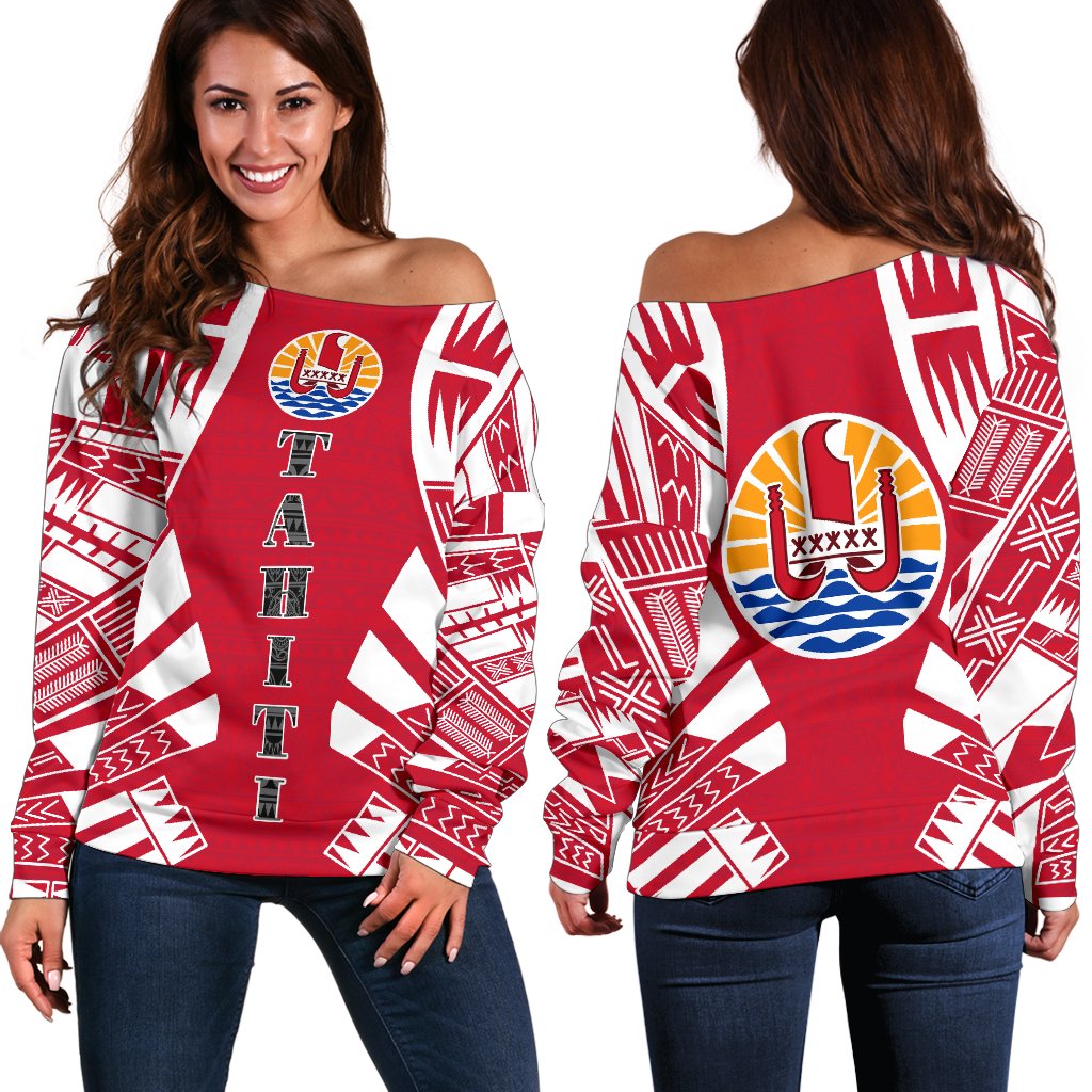 Tahiti Women's Off Shoulder Sweater Polynesian Tattoo Flag