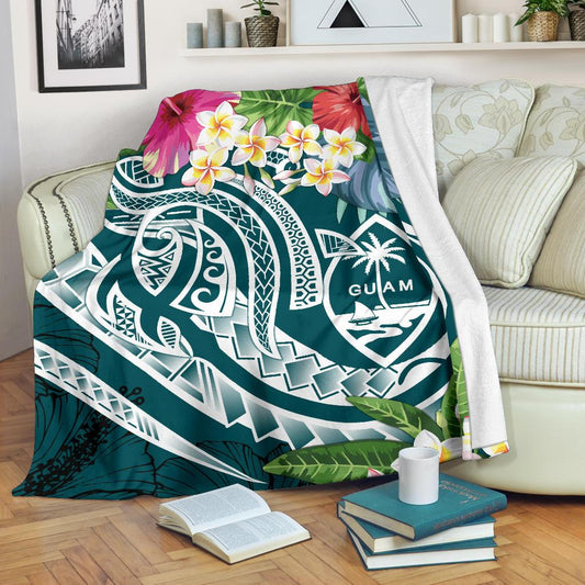 Guam Polynesian Premium Blanket Summer Plumeria Turquoise