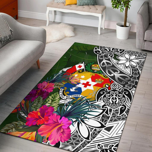 Tonga Area Rug White Turtle Plumeria Banana Leaf