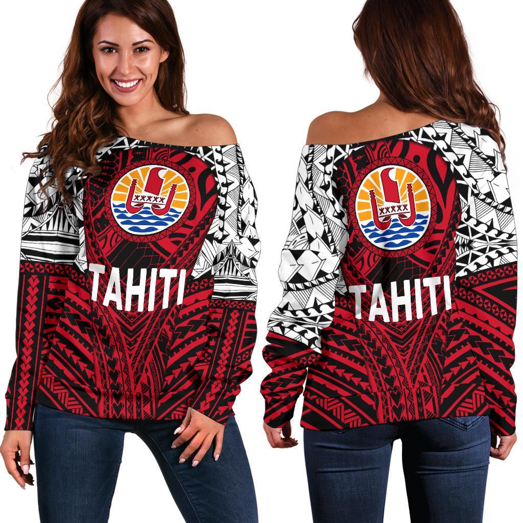Tahitian Women's Off Shoulder Sweater Polynesian Tattoo Coat Of Arms TH5