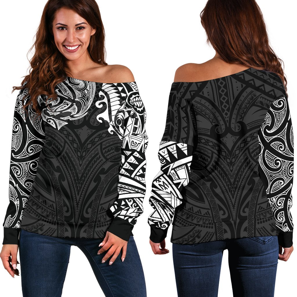 New Zealand Women's Off Shoulder Sweater, Maori Polynesian Tattoo White