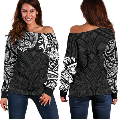 New Zealand Women's Off Shoulder Sweater, Maori Polynesian Tattoo White
