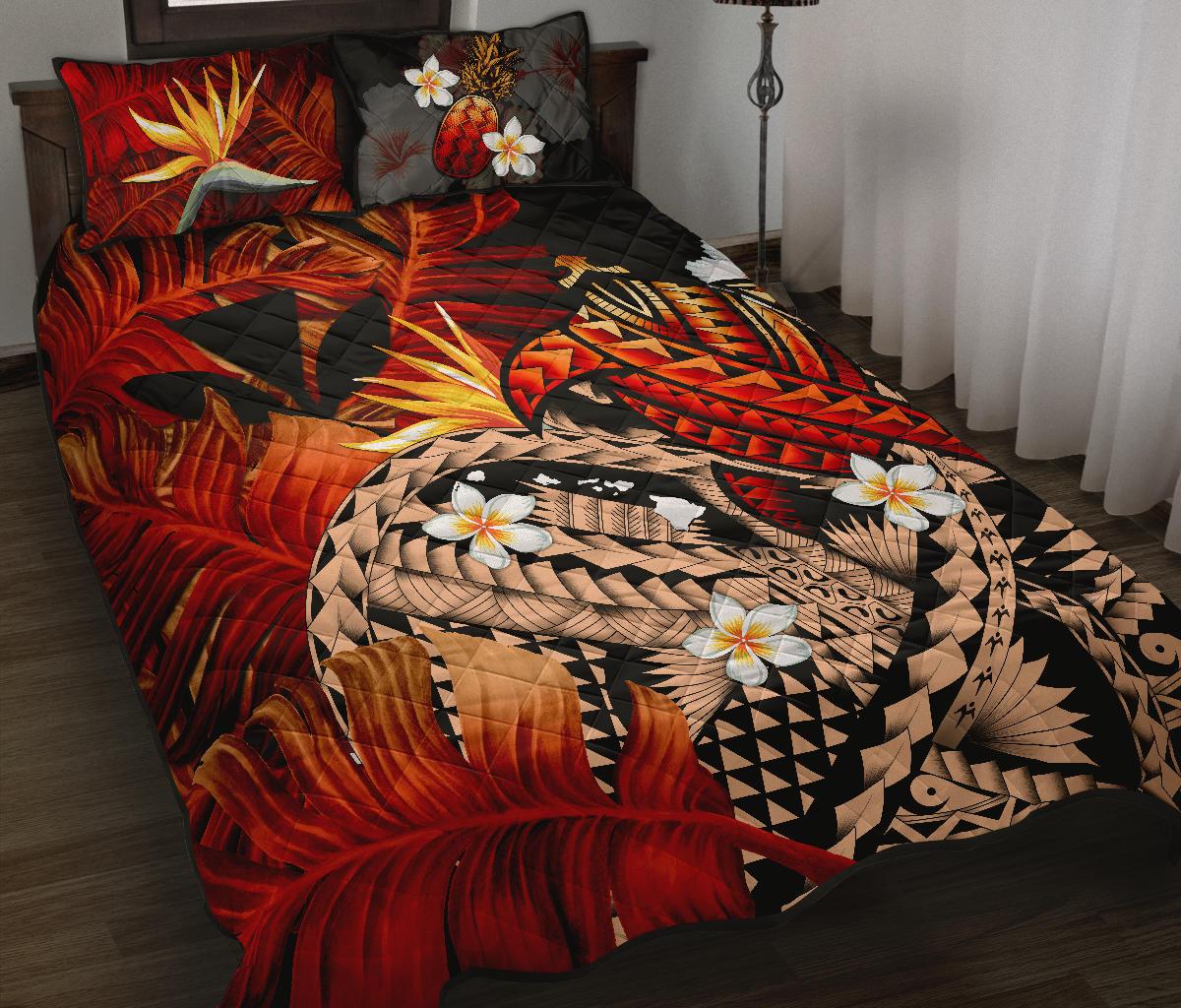 Kanaka Maoli (Hawaiian) Quilt Bed Set, Polynesian Pineapple Banana Leaves Turtle Tattoo Red