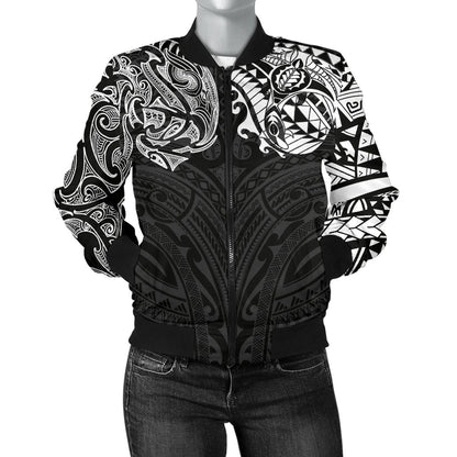 New Zealand Women's Bomber Jacket, Maori Polynesian Tattoo White