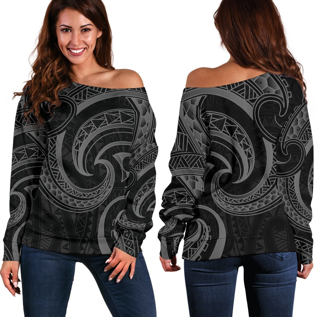 New Zealand Maori Mangopare Women Off Shoulder Sweater Polynesian Black