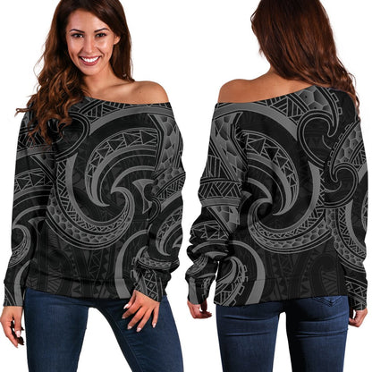 New Zealand Maori Mangopare Women Off Shoulder Sweater Polynesian Black