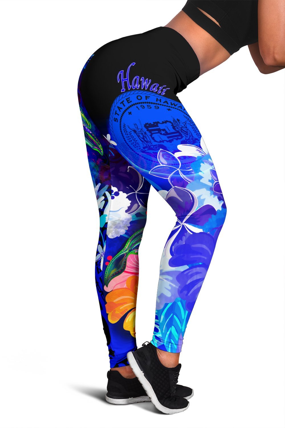 Polynesian Hawaii Women's Leggings - Humpback Whale with Tropical Flowers Blue
