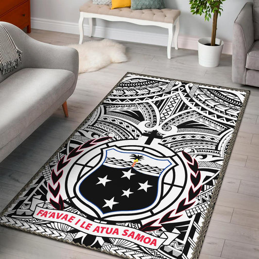 Samoa Area Rug, Samoa Coat Of Arm Polynesian Tattoo White And Black