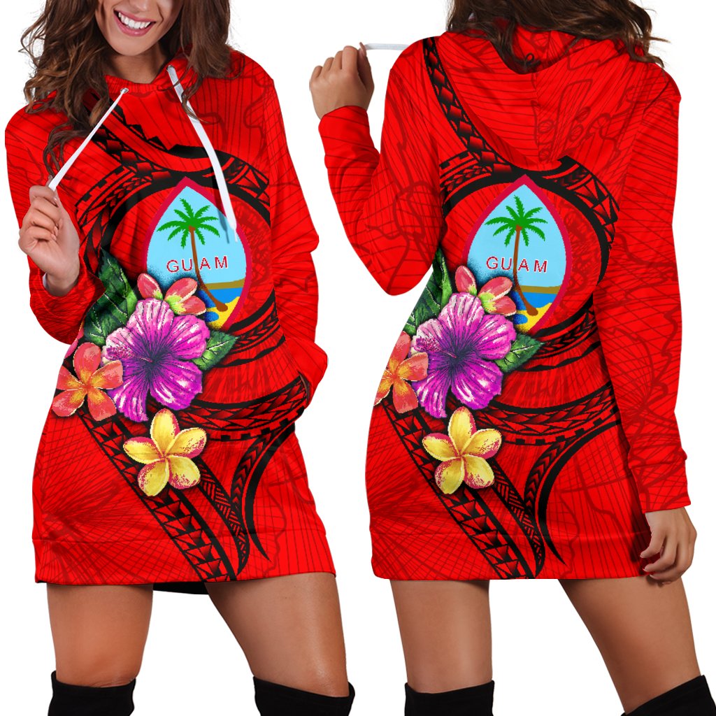 Guam Polynesian Women's Hoodie Dress Floral With Seal Red