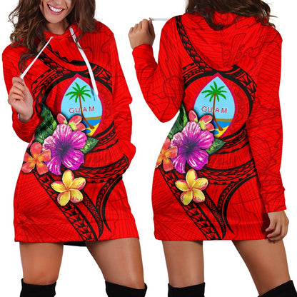 Guam Polynesian Women's Hoodie Dress Floral With Seal Red