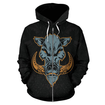 Polynesian Kamapua'a Flag Of Hawaii Zip Hoodie Grey Hawaiian Mythology Style