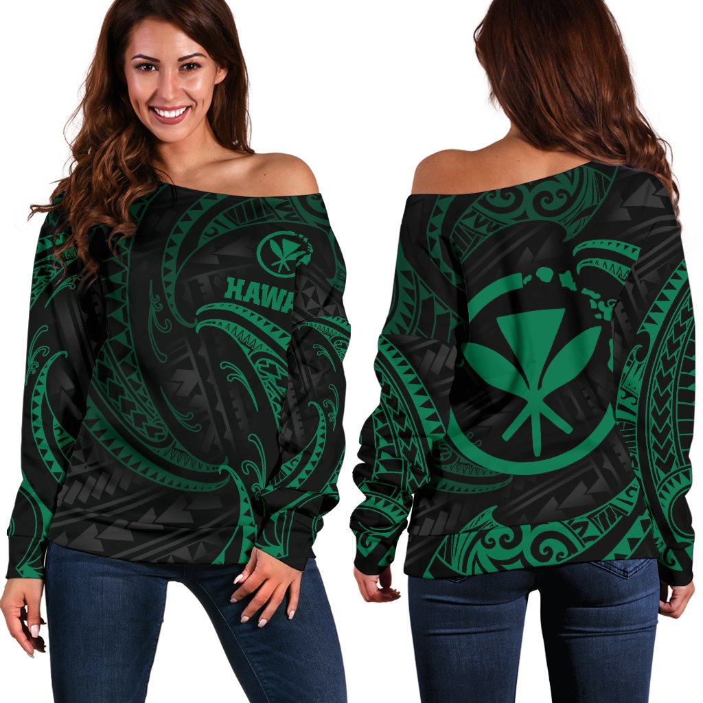Hawaii Polynesian Women's Off Shoulder Sweater Green Tribal Wave