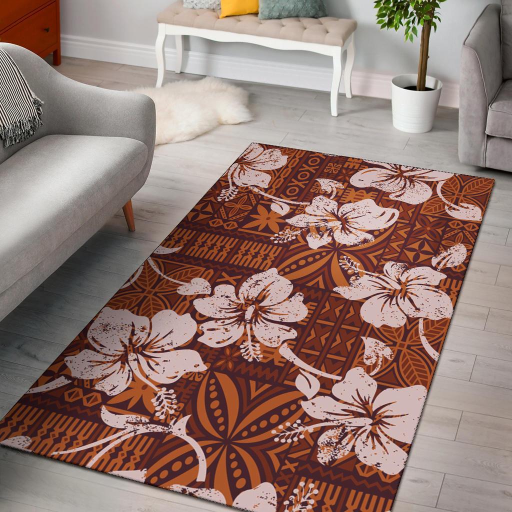 Polynesian Area Rug Tribal Vintage Hibiscus Flowers