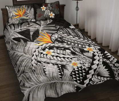 Kanaka Maoli (Hawaiian) Quilt Bed Set, Polynesian Pineapple Banana Leaves Turtle Tattoo Gray