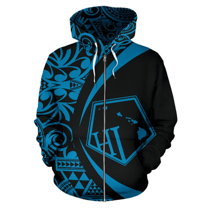 Hawaii Polynesian Tribal Zip-up Hoodie Blue Color 2.0 Circle Style