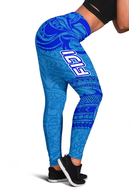 Blue Women Leggings Fiji Rugby Polynesian Waves Style