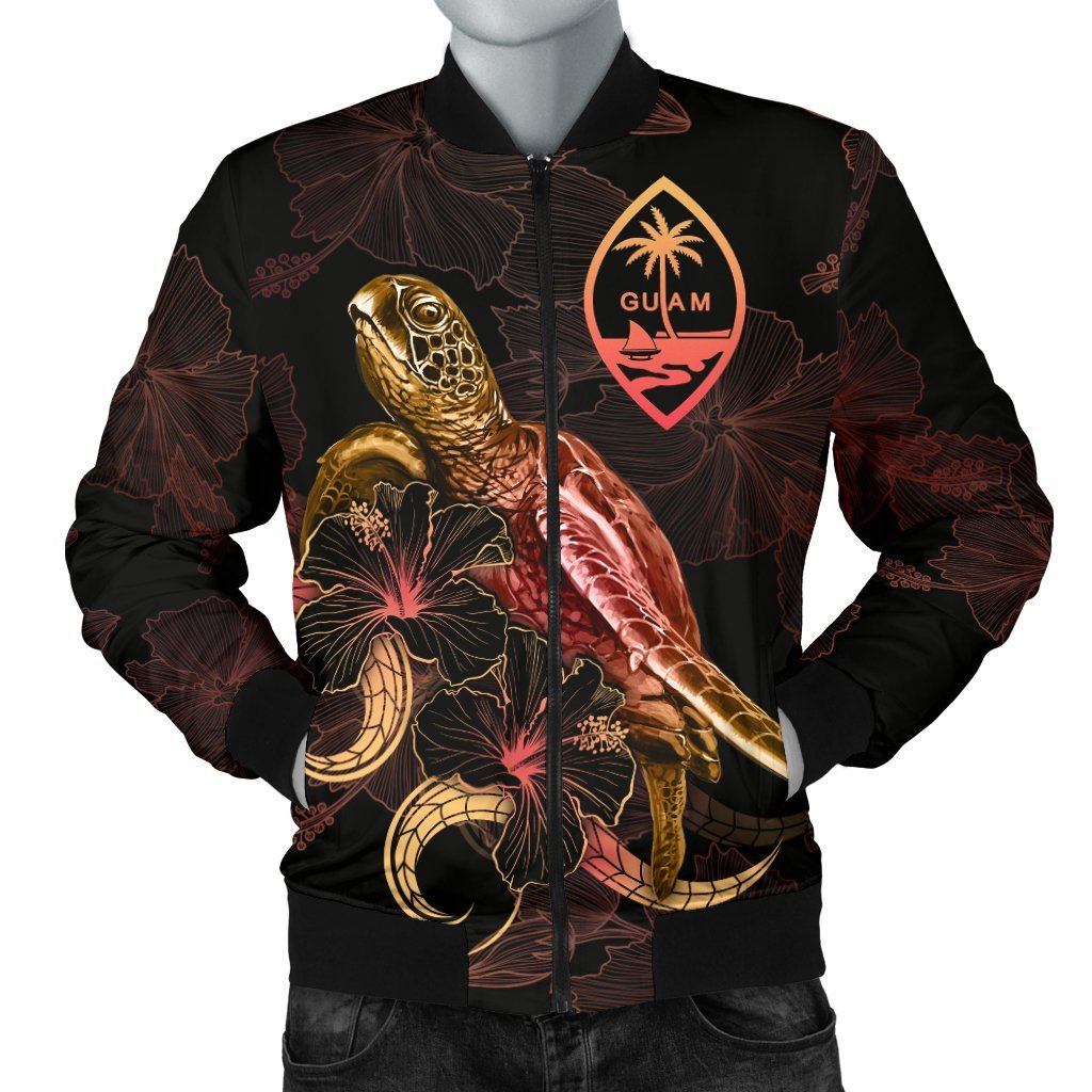 Guam Polynesian Men's Bomber Jacket Turtle With Blooming Hibiscus Gold
