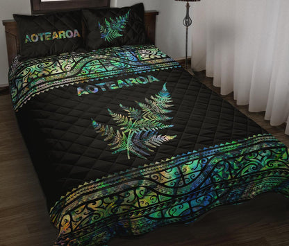 Aotearoa Maori Silver Fern Quilt Bed Set Paua Shell