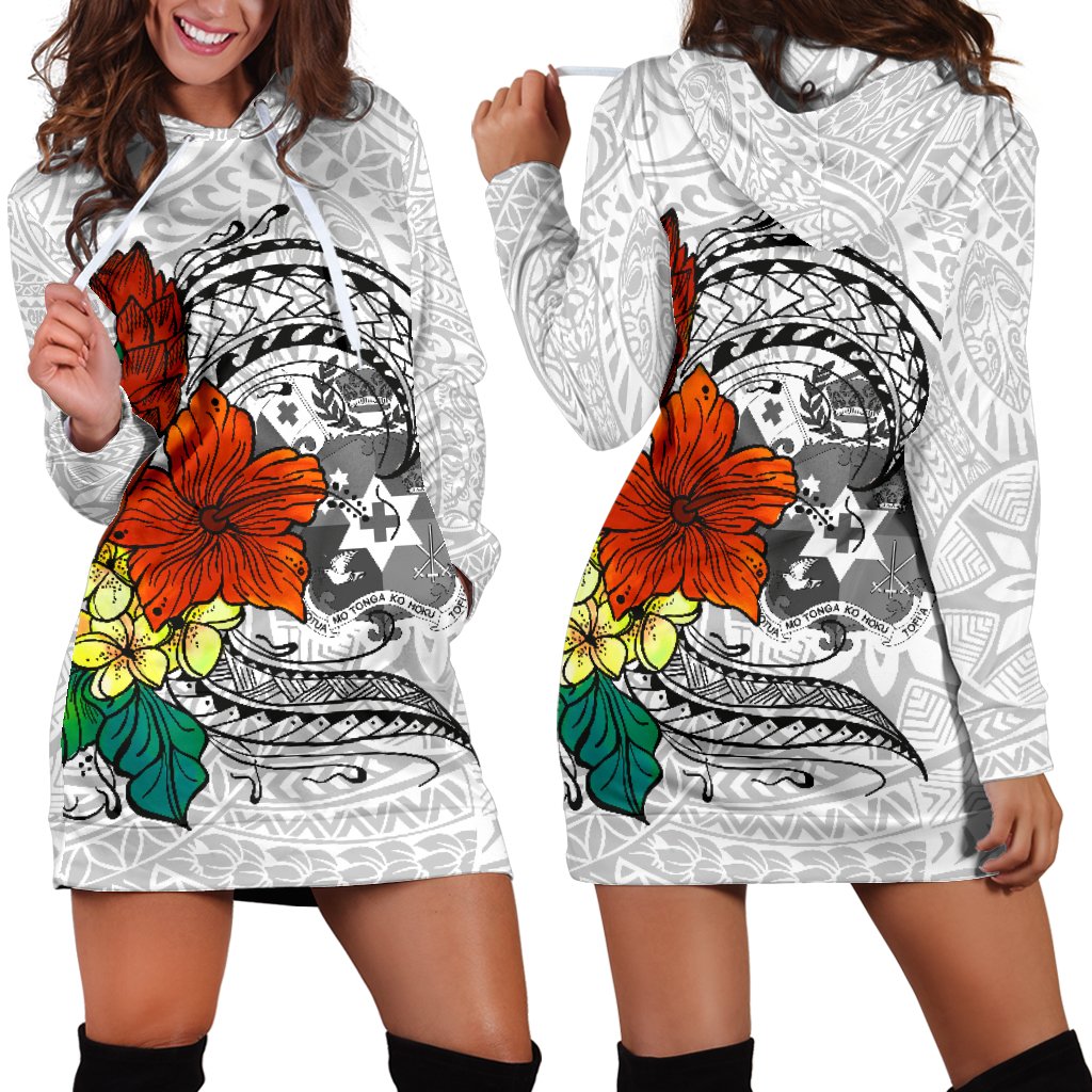 Tonga Women's Hoodie Dress Tropical Flowers White Patterns Style