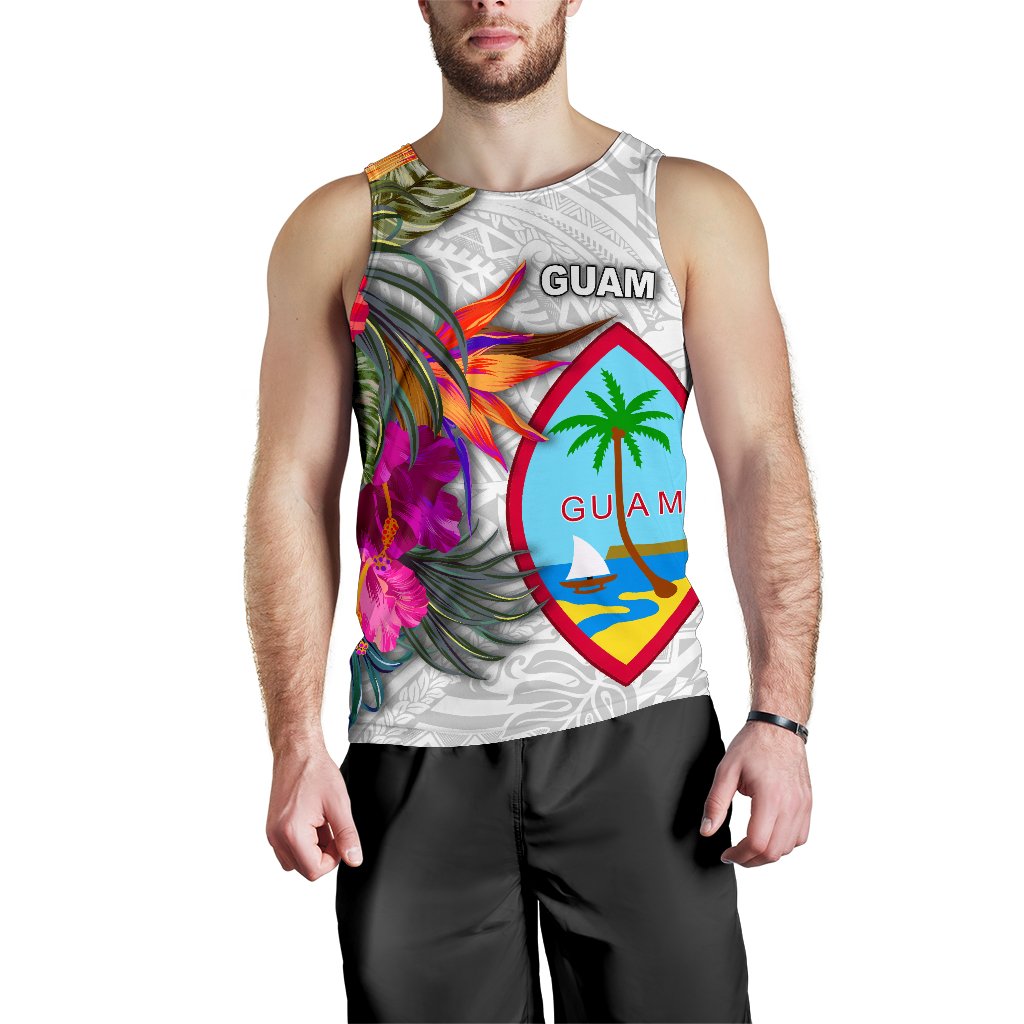 Guam Men's Tank Top Polynesian Hibiscus White Pattern