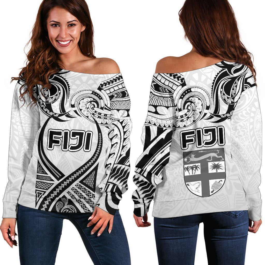 Fiji Rugby Women Off Shoulder Sweater Polynesian Waves Style