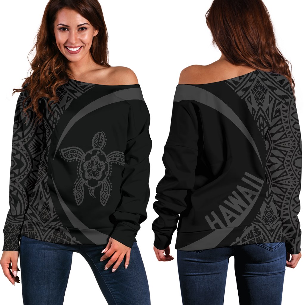 Hawaii Turtle Polynesian Women's Off Shoulder Sweater Circle Style AH Black