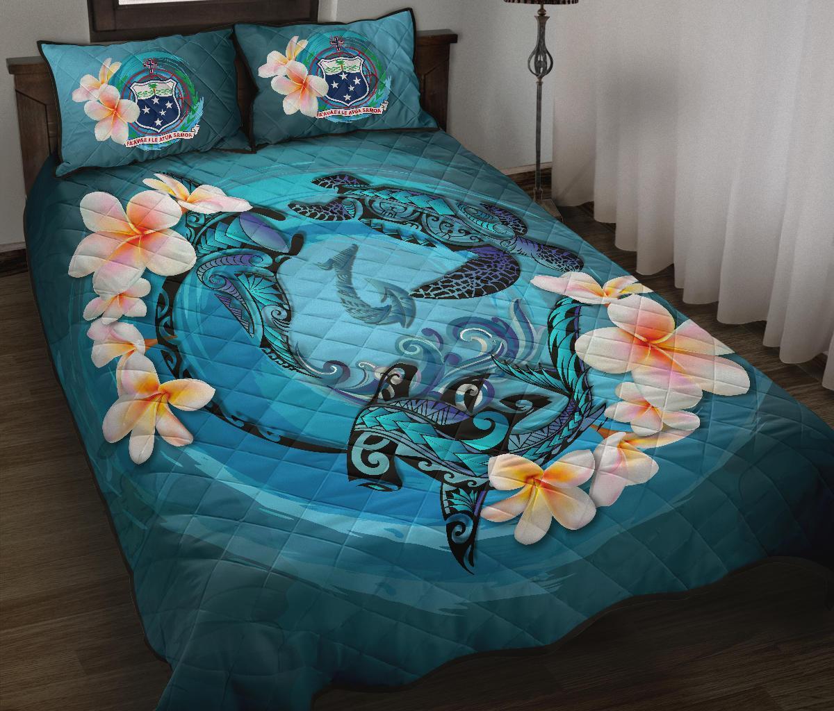 Samoa Polynesian Quilt Bed Set Blue Plumeria Animal Tattoo