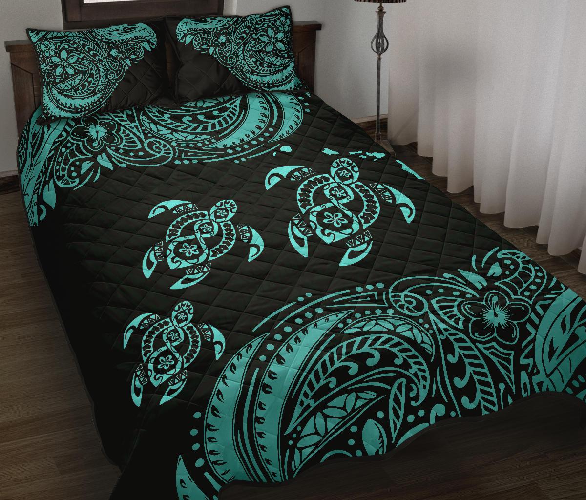 Hawaii Polynesian Quilt Bed Set Blue Sea Turtle
