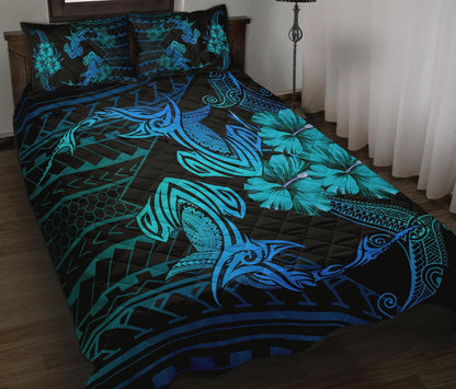 Hawaii Couple Shark Hibiscus Polynesian Quilt Bed Set Blue Mina Style AH
