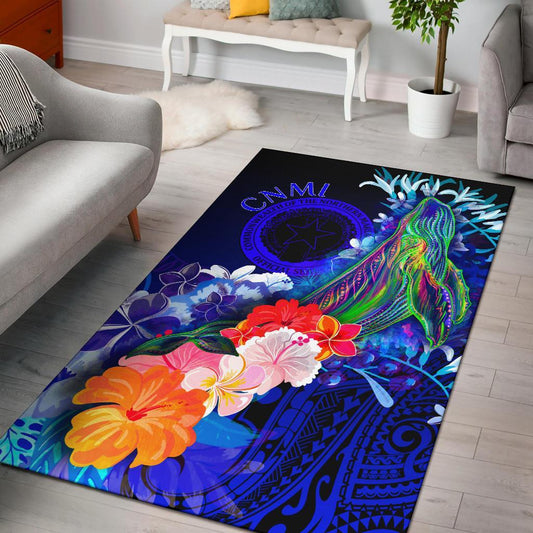CNMI Area Rug Humpback Whale with Tropical Flowers (Blue)