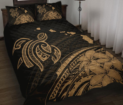 Hawaii Quilt Bed Set Turtle Polynesian Map Plumeria Gold