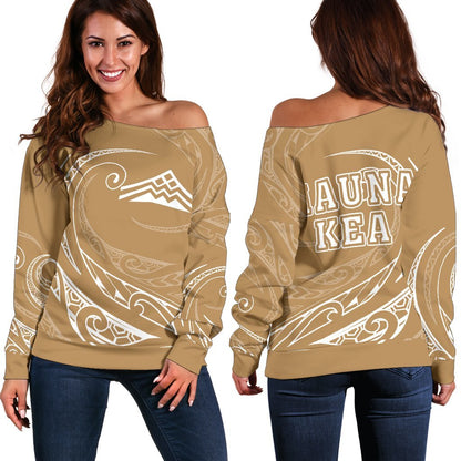 Hawaiian Mauna Kea Polynesian Women's Off Shoulder Sweater Gold And White Frida Style