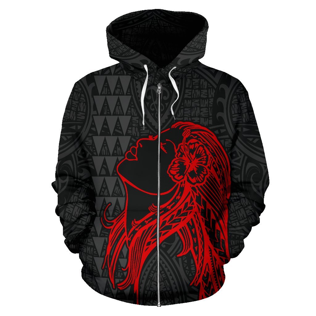 Polynesian Kakau Hula Girl Turtle Hibiscus Hawaii Zip Hoodie Red