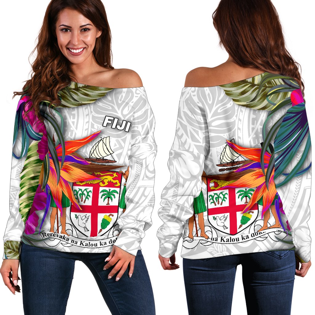Fiji Polynesian Women's Off Shoulder Sweater Hibiscus White Pattern