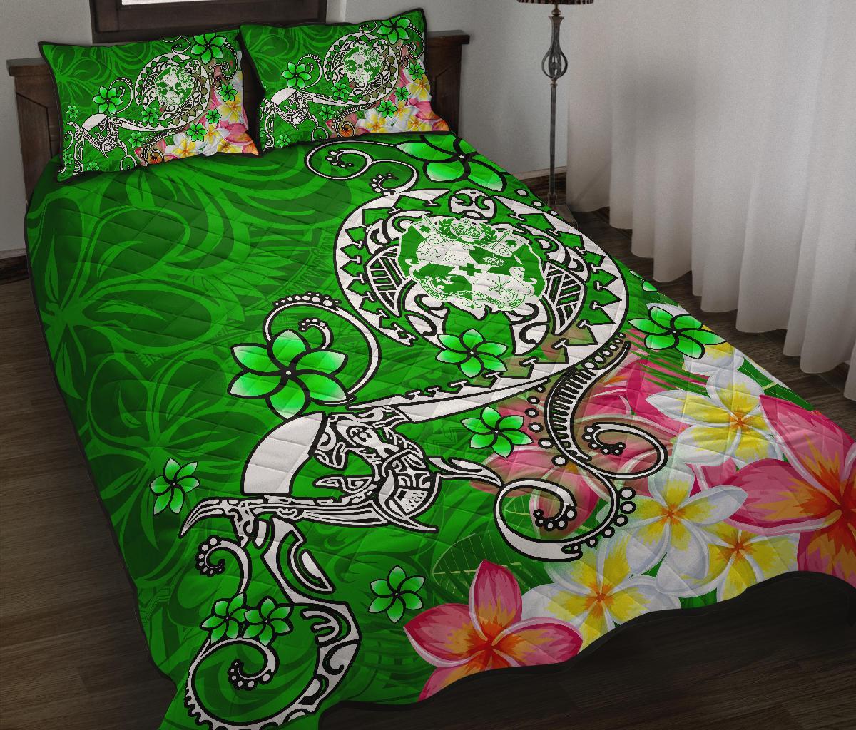 Tonga Quilt Bed Set Turtle Plumeria (Green)