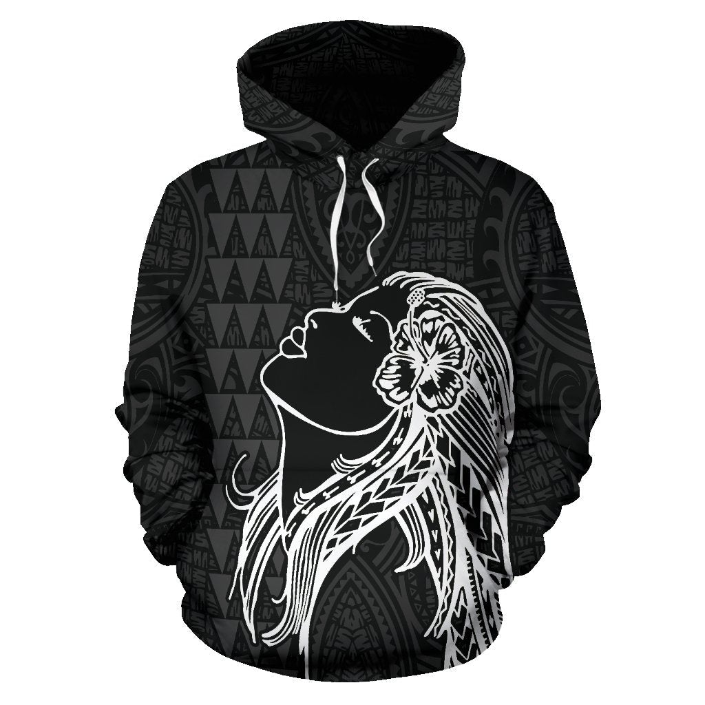 Polynesian Kakau Hula Girl Turtle Hibiscus Hawaii Hoodie White