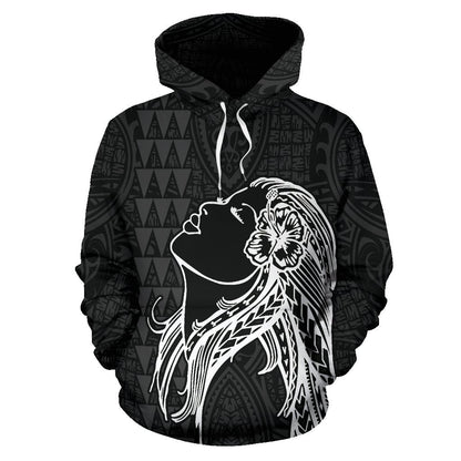Polynesian Kakau Hula Girl Turtle Hibiscus Hawaii Hoodie White