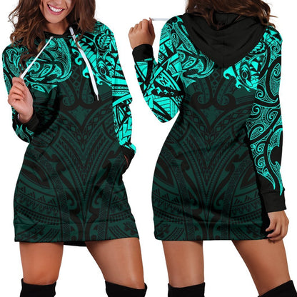 New Zealand Women'S Hoodie Dress, Maori Polynesian Tattoo Turquoise