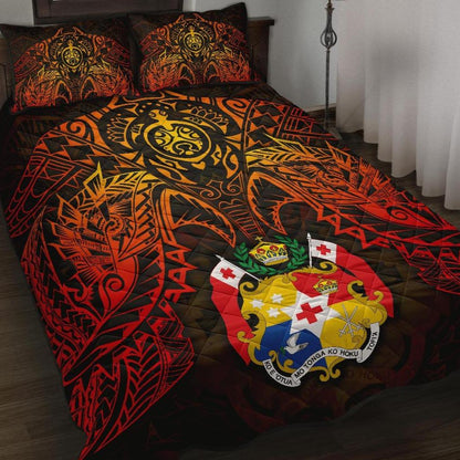 Tonga Polynesian Quilt Bed Set Tonga Coat Of Arms & Red Manta Ray Turtle