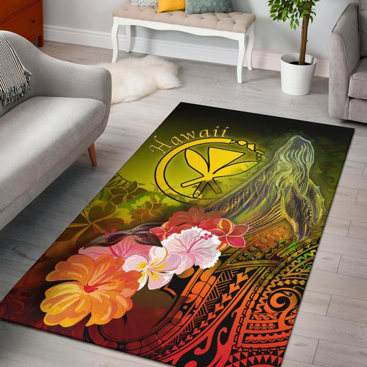 Polynesian Hawaii Area Rugs Kanaka Maoli Humpback Whale with Tropical Flowers (Yellow)